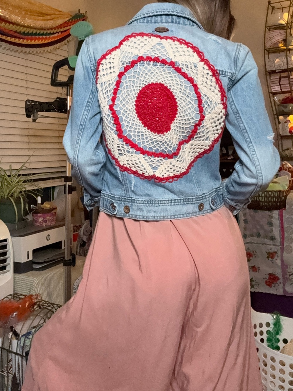 EKA Hand Crafted Light Blue Denim Jean Jacket with Red & Cream Crochet Back